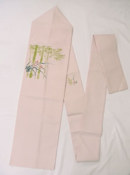 Photo1: M0523F Vintage Japanese Kimono  Pale Coral NAGOYA OBI sash Flower Silk. (Grade B) (1)