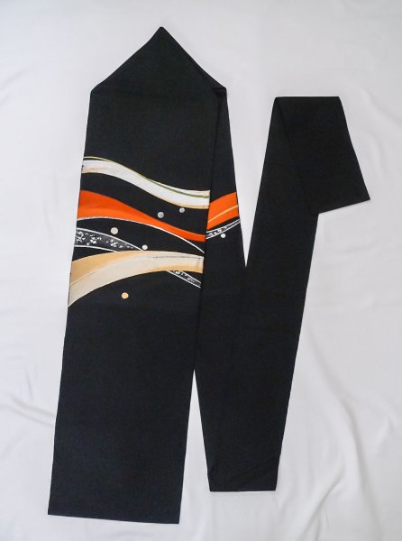 Photo1: M0523I Vintage Japanese Kimono   Black NAGOYA OBI sash Circle Silk. (Grade B) (1)