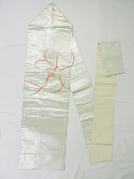 Photo1: M0523L Vintage Japanese Kimono   Silver NAGOYA OBI sash KUMIHIMO rope with tassels Silk. (Grade B) (1)