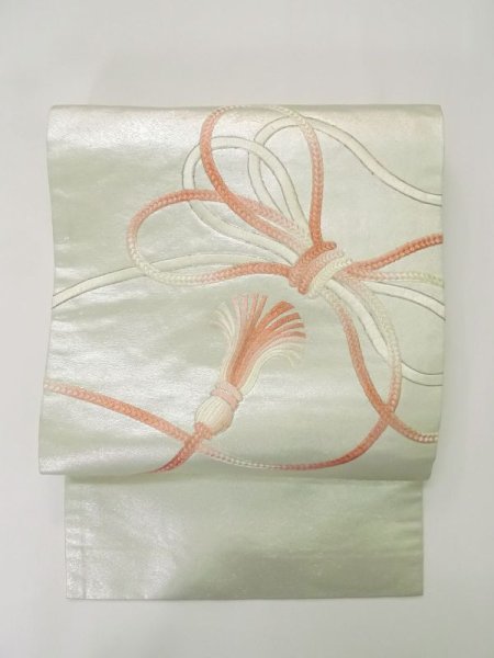 Photo2: M0523L Vintage Japanese Kimono   Silver NAGOYA OBI sash KUMIHIMO rope with tassels Silk. (Grade B) (2)