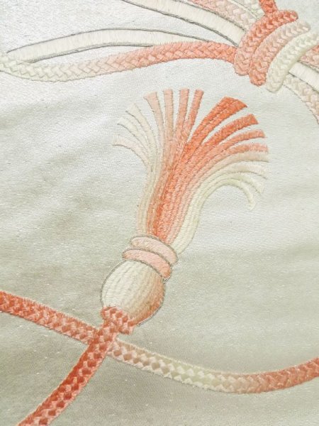 Photo6: M0523L Vintage Japanese Kimono   Silver NAGOYA OBI sash KUMIHIMO rope with tassels Silk. (Grade B) (6)