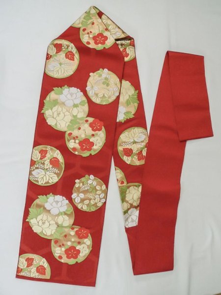 Photo1: M0523S Vintage Japanese Kimono  Vivid Red NAGOYA OBI sash Peony Silk. (Grade C) (1)