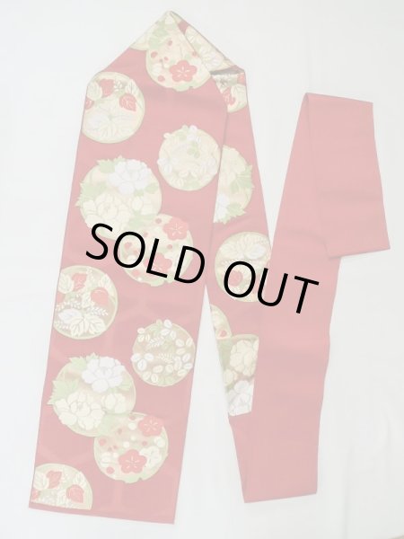 Photo1: M0523S Vintage Japanese Kimono  Vivid Red NAGOYA OBI sash Peony Silk. (Grade C) (1)
