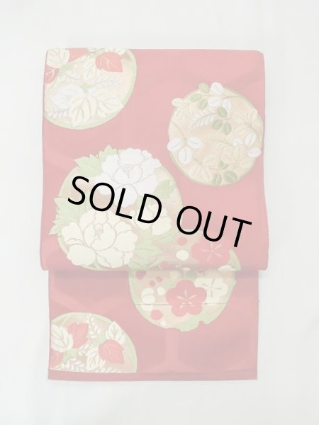 Photo2: M0523S Vintage Japanese Kimono  Vivid Red NAGOYA OBI sash Peony Silk. (Grade C) (2)