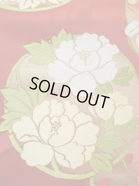 Photo4: M0523S Vintage Japanese Kimono  Vivid Red NAGOYA OBI sash Peony Silk. (Grade C) (4)