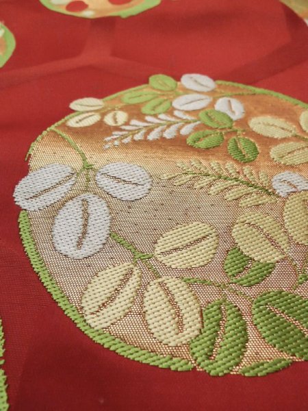 Photo7: M0523S Vintage Japanese Kimono  Vivid Red NAGOYA OBI sash Peony Silk. (Grade C) (7)