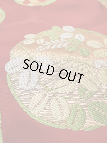 Photo7: M0523S Vintage Japanese Kimono  Vivid Red NAGOYA OBI sash Peony Silk. (Grade C) (7)