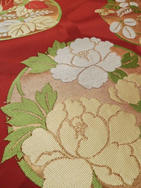 Photo9: M0523S Vintage Japanese Kimono  Vivid Red NAGOYA OBI sash Peony Silk. (Grade C) (9)