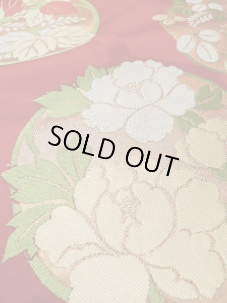 Photo9: M0523S Vintage Japanese Kimono  Vivid Red NAGOYA OBI sash Peony Silk. (Grade C) (9)