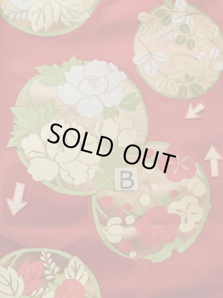 Photo12: M0523S Vintage Japanese Kimono  Vivid Red NAGOYA OBI sash Peony Silk. (Grade C) (12)