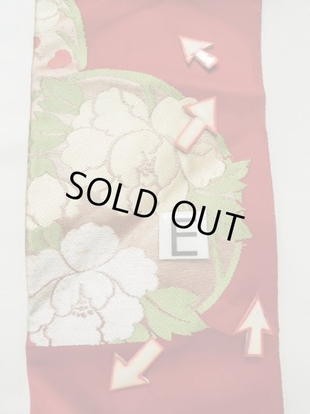 Photo15: M0523S Vintage Japanese Kimono  Vivid Red NAGOYA OBI sash Peony Silk. (Grade C) (15)