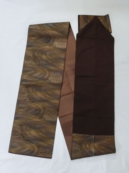 Photo1: M0523X Vintage Japanese Kimono  Dark Brown NAGOYA OBI sash Stream Silk. (Grade C) (1)