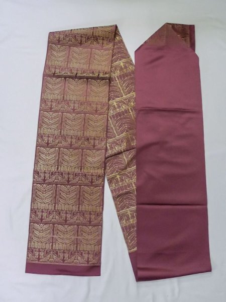 Photo1: M0523Y Vintage Japanese Kimono   Dark Red NAGOYA OBI sash Tall grass Synthetic. (Grade C) (1)