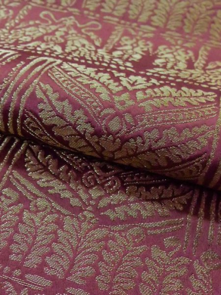 Photo8: M0523Y Vintage Japanese Kimono   Dark Red NAGOYA OBI sash Tall grass Synthetic. (Grade C) (8)