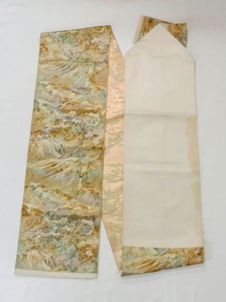 Photo1: M0523Z Vintage Japanese Kimono Pale Light Green NAGOYA OBI sash Gradation Silk. (Grade C) (1)