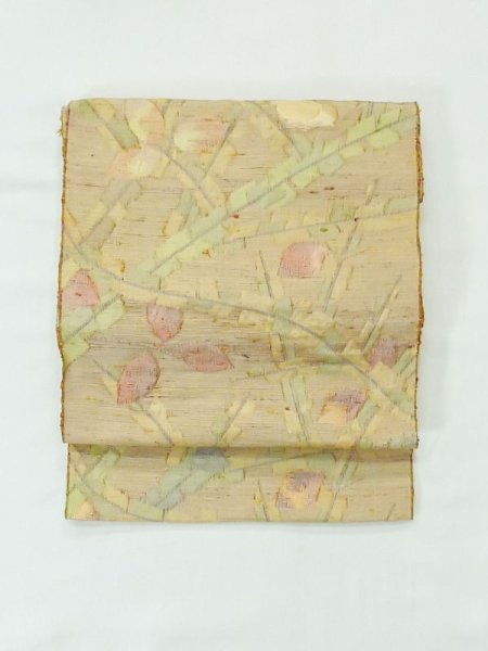 Photo2: M0524A Vintage Japanese Kimono Pale Light Yellow NAGOYA OBI sash Flower Silk. (Grade B) (2)