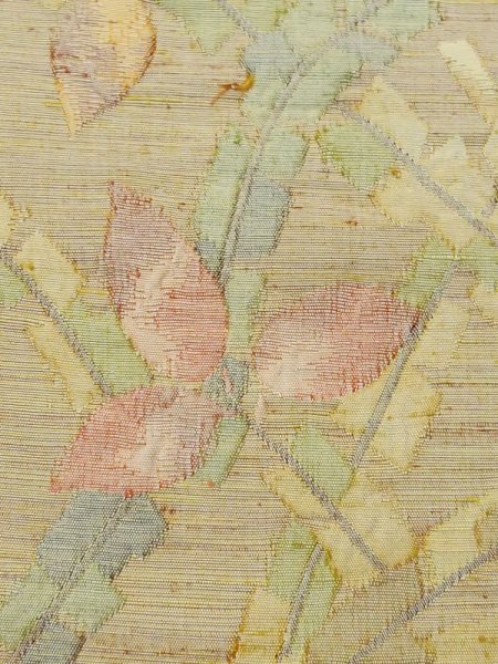 Photo4: M0524A Vintage Japanese Kimono Pale Light Yellow NAGOYA OBI sash Flower Silk. (Grade B) (4)