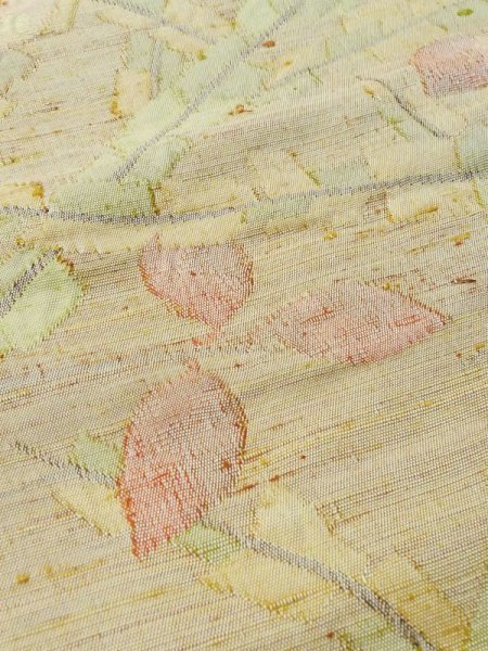 Photo7: M0524A Vintage Japanese Kimono Pale Light Yellow NAGOYA OBI sash Flower Silk. (Grade B) (7)