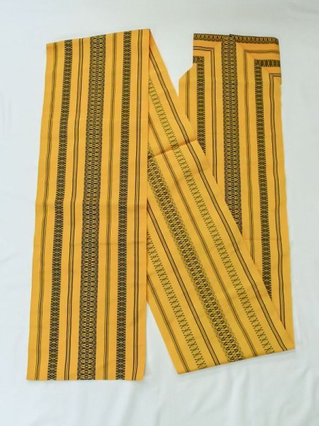 Photo1: M0524B Vintage Japanese Kimono   Yellow NAGOYA OBI sash Stripes Silk. (Grade B) (1)