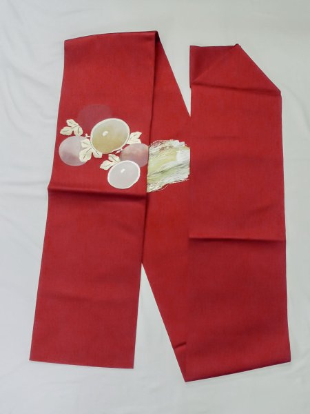 Photo1: M0525B Vintage Japanese Kimono   Red NAGOYA OBI sash Flower Synthetic. (Grade C) (1)