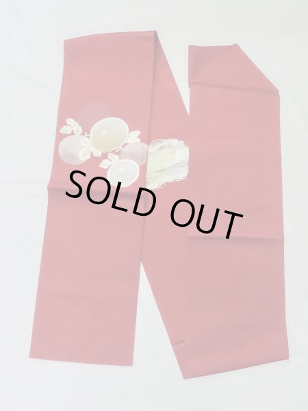 Photo1: M0525B Vintage Japanese Kimono   Red NAGOYA OBI sash Flower Synthetic. (Grade C) (1)