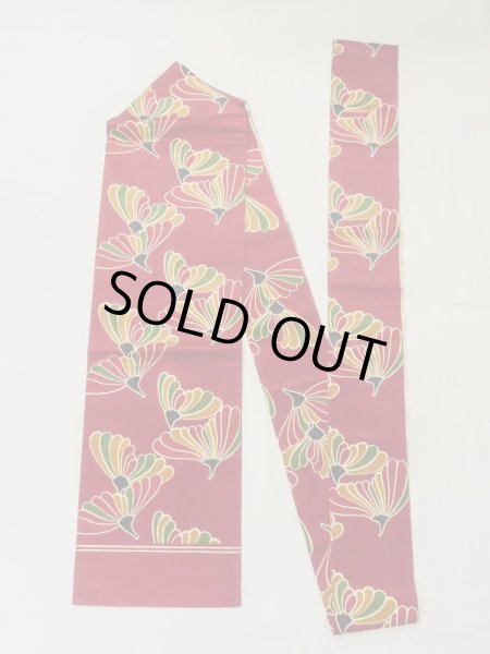 Photo1: M0525D Vintage Japanese Kimono   Dark Red NAGOYA OBI sash Flower Silk. (Grade C) (1)