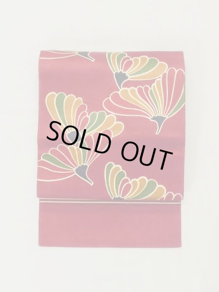 Photo2: M0525D Vintage Japanese Kimono   Dark Red NAGOYA OBI sash Flower Silk. (Grade C) (2)