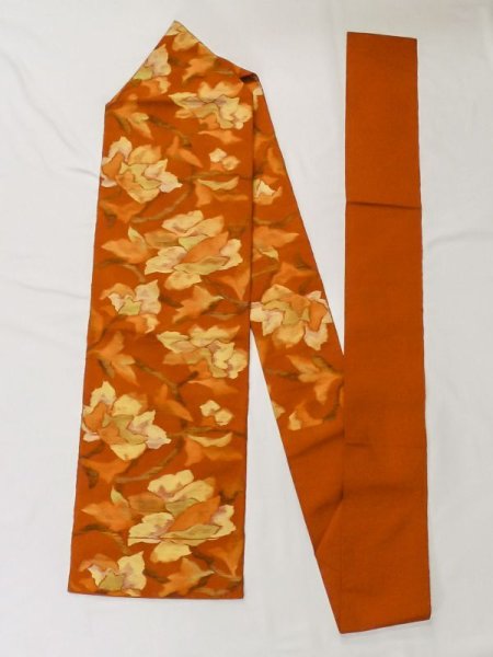 Photo1: M0525H Vintage Japanese Kimono   Orange NAGOYA OBI sash Flower Silk. (Grade A) (1)