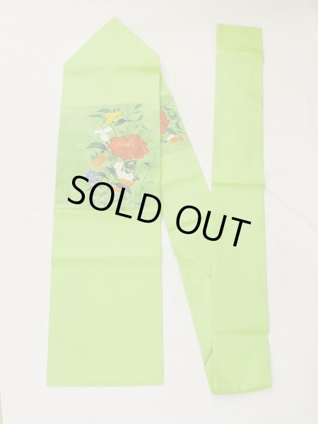 Photo1: M0525I Vintage Japanese Kimono   Yellowish Green NAGOYA OBI sash Flower Synthetic. (Grade A) (1)