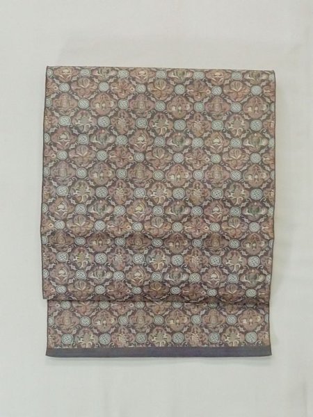 Photo2: M0525K Vintage Japanese Kimono Pale Grayish Blue NAGOYA OBI sash Abstract pattern Synthetic. (Grade C) (2)