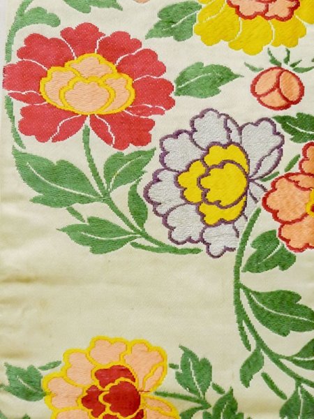 Photo4: M0525O Vintage Japanese Kimono   Ivory NAGOYA OBI sash Peony Silk. (Grade C) (4)