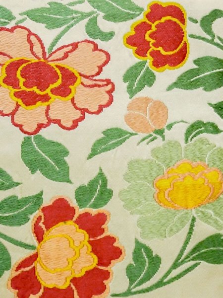 Photo7: M0525O Vintage Japanese Kimono   Ivory NAGOYA OBI sash Peony Silk. (Grade C) (7)