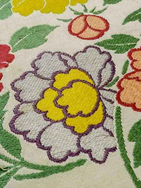 Photo9: M0525O Vintage Japanese Kimono   Ivory NAGOYA OBI sash Peony Silk. (Grade C) (9)