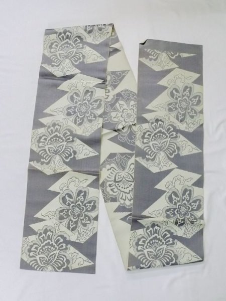 Photo1: M0525P Vintage Japanese Kimono Pale Grayish Blue NAGOYA OBI sash Peony Synthetic. (Grade C) (1)
