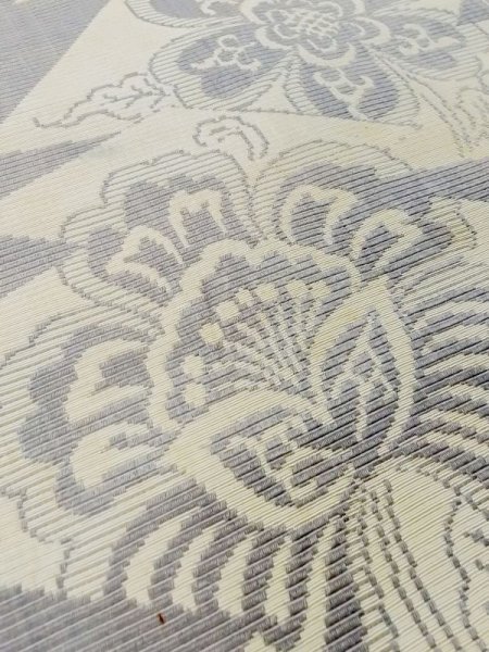 Photo7: M0525P Vintage Japanese Kimono Pale Grayish Blue NAGOYA OBI sash Peony Synthetic. (Grade C) (7)