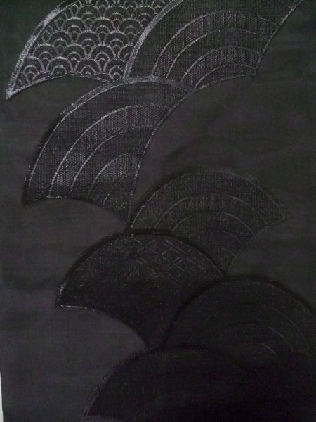 Photo4: M0525R Vintage Japanese Kimono   Black NAGOYA OBI sash Wave Silk. (Grade A) (4)