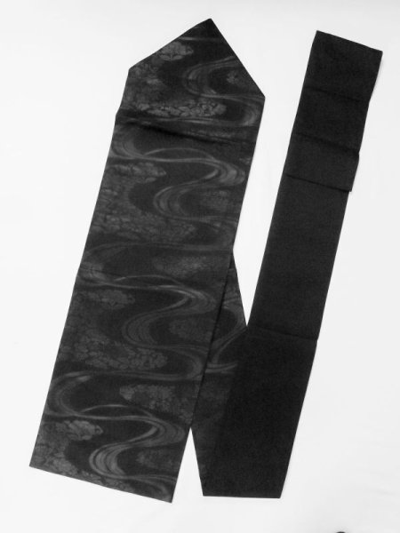 Photo1: M0526D Vintage Japanese Kimono   Black NAGOYA OBI sash Flower Silk. (Grade B) (1)