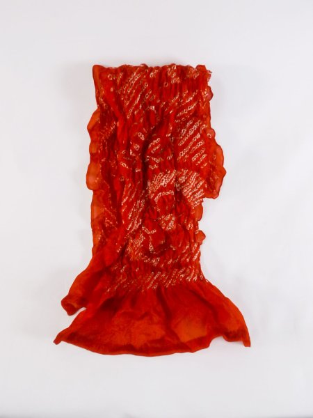Photo1: M0608XB Vintage Japanese Kimono   Red OBI-AGE covering sash Abstract pattern Silk. (Grade B) (1)