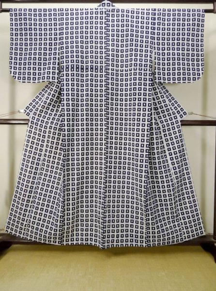 Photo1: M0613E Used Japanese women  White YUKATA summer(made in Japan) / Cotton/hemp Quadrangle,   (Grade B) (1)
