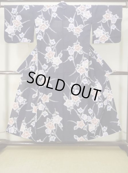 Photo1: M0613O Used Japanese women Indigo blue YUKATA summer(made in Japan) / Cotton. Flower,   (Grade C) (1)