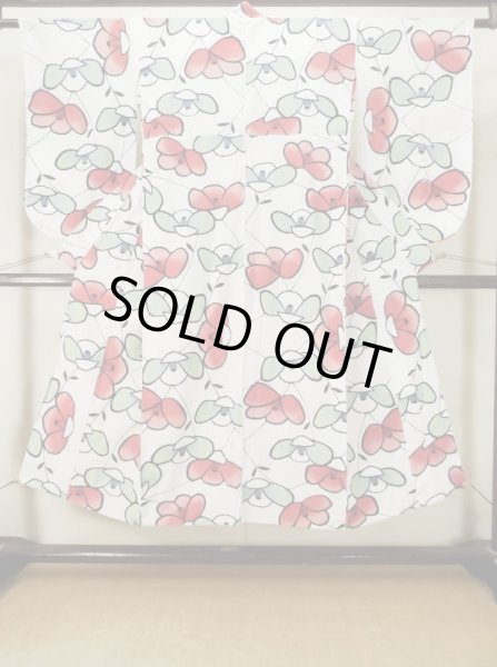 Photo1: M0613Q Used Japanese women  White YUKATA summer(made in Japan) / Cotton. Camellia   (Grade C) (1)