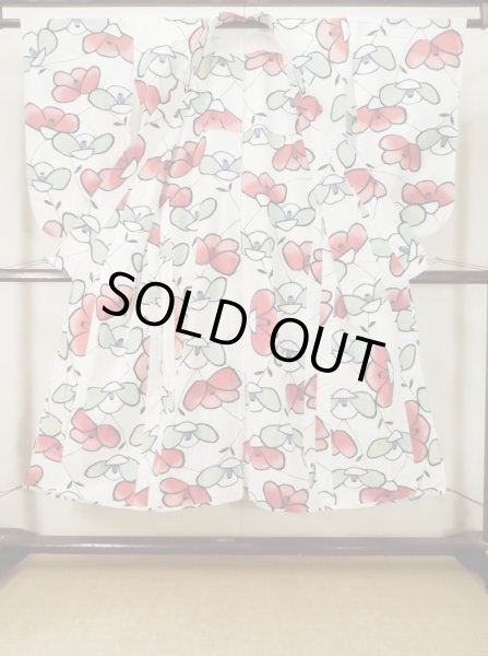 Photo2: M0613Q Used Japanese women  White YUKATA summer(made in Japan) / Cotton. Camellia   (Grade C) (2)