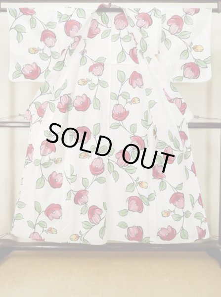 Photo2: M0613R Used Japanese women  White YUKATA summer(made in Japan) / Cotton. Camellia   (Grade C) (2)
