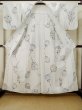 Photo2: M0614A Used Japanese women  White YUKATA summer(made in Japan) / Cotton/hemp SAKURA cherry blossom, paper fan pattern  (Grade C) (2)