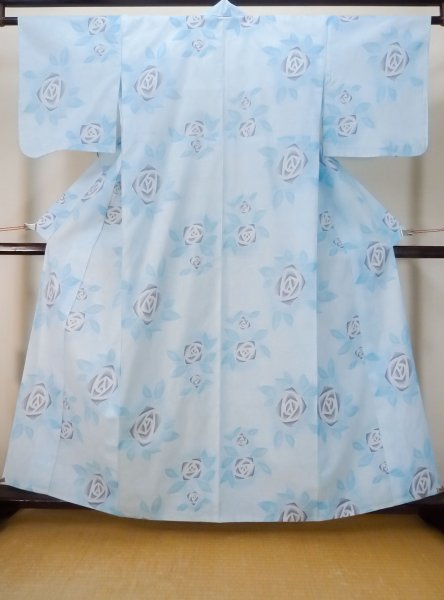 Photo1: M0620E Used Japanese men Grayish Navy Blue Women's Yukata / Cotton. Rose,   (Grade C) (1)