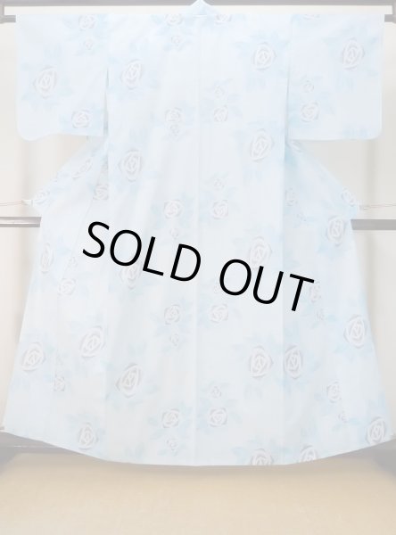 Photo1: M0620E Used Japanese men Grayish Navy Blue Women's Yukata / Cotton. Rose,   (Grade C) (1)