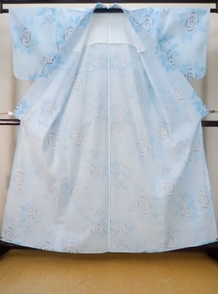 Photo2: M0620E Used Japanese men Grayish Navy Blue Women's Yukata / Cotton. Rose,   (Grade C) (2)