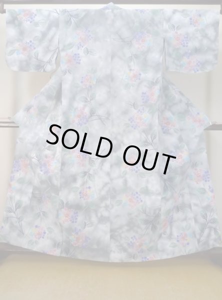 Photo1: M0620G Used Japanese men  Gray Women's Yukata / Cotton. Leaf Hydrangea (Hydrangea macrophylla) pattern  (Grade D) (1)