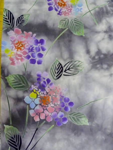 Photo5: M0620G Used Japanese men  Gray Women's Yukata / Cotton. Leaf Hydrangea (Hydrangea macrophylla) pattern  (Grade D) (5)