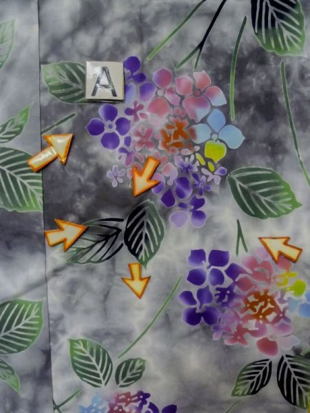 Photo15: M0620G Used Japanese men  Gray Women's Yukata / Cotton. Leaf Hydrangea (Hydrangea macrophylla) pattern  (Grade D) (15)